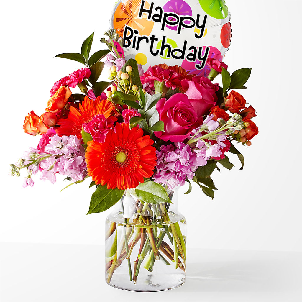 Fiesta Bouquet with Birthday Balloon – Corner Flowers, Brooklyn NY