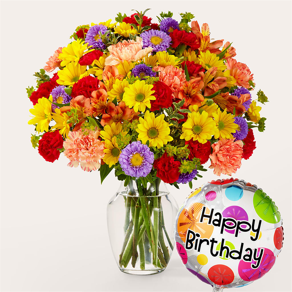 Kaleidoscope Bouquet with Birthday Balloon – Corner Flowers, Brooklyn NY