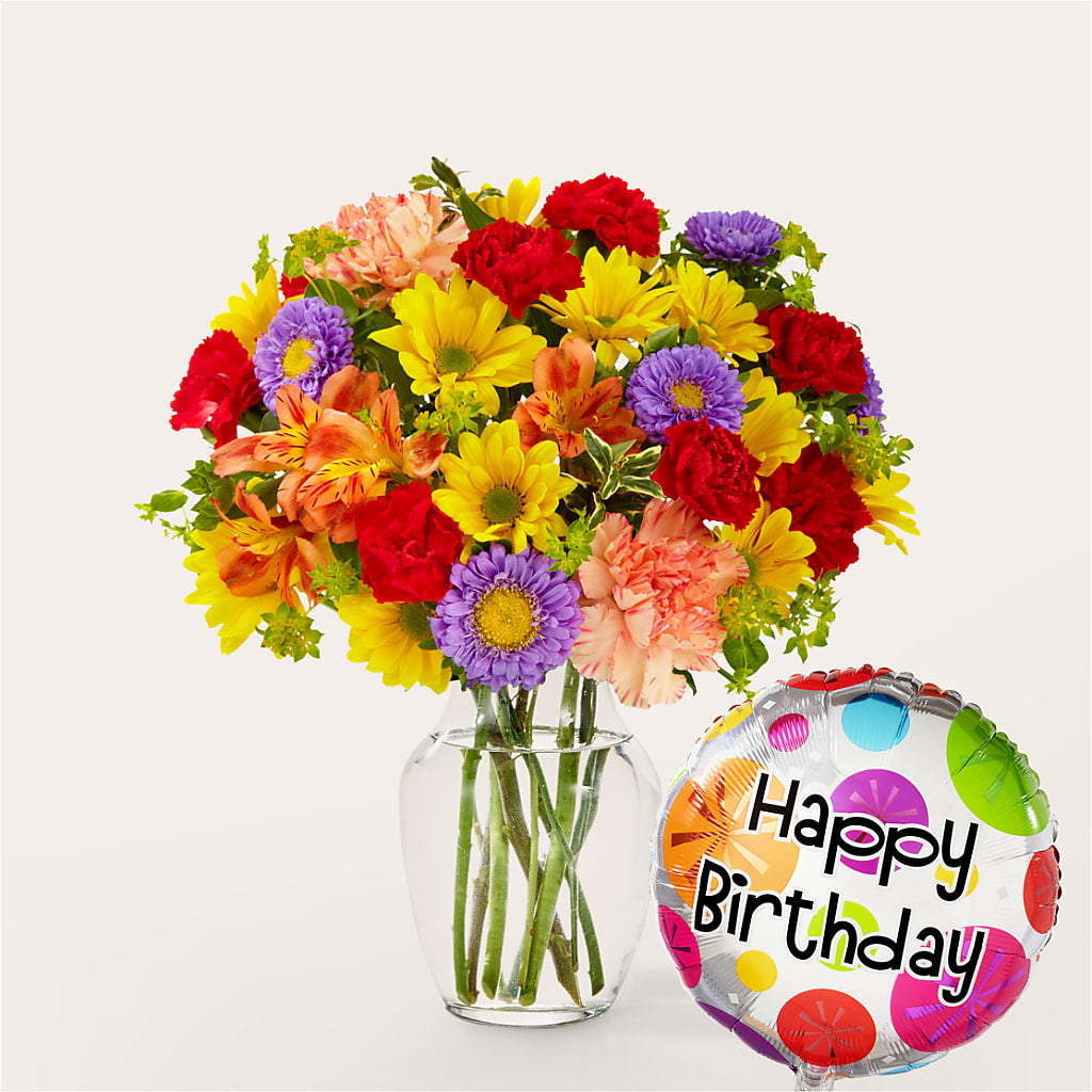 Kaleidoscope Bouquet with Birthday Balloon – Corner Flowers, Brooklyn NY