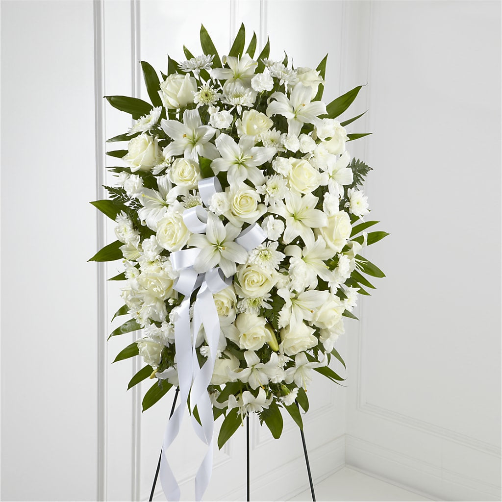 Exquisite Tribute Standing Spray-White Ribbon – Corner Flowers, Brooklyn NY