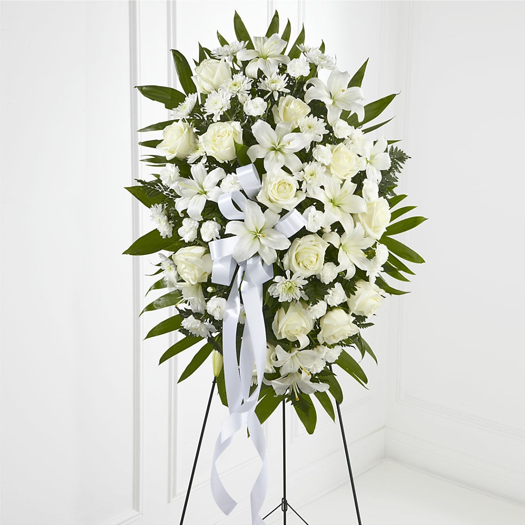 Exquisite Tribute Standing Spray-White Ribbon – Corner Flowers, Brooklyn NY