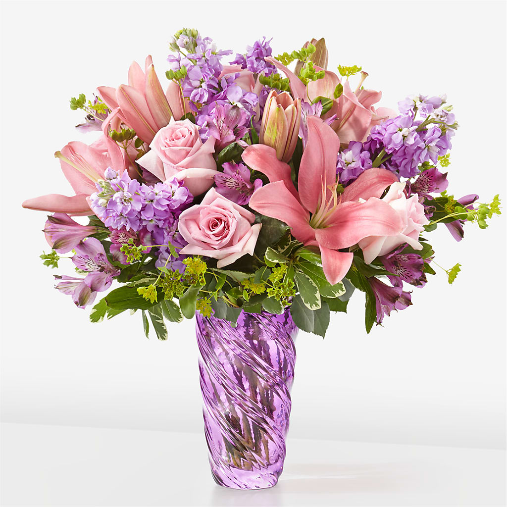 Precious Petals Bouquet with Luxe Swirl Vase – Corner Flowers, Brooklyn NY