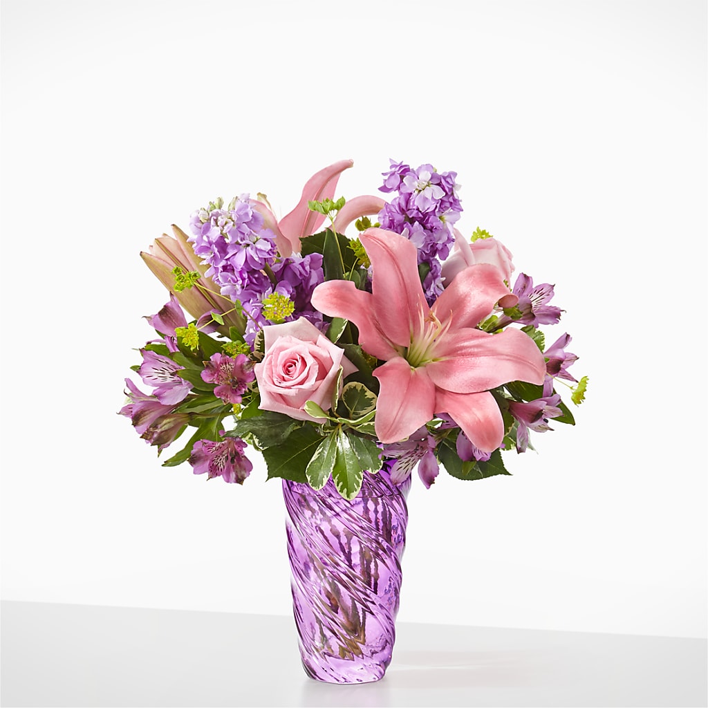 Precious Petals Bouquet with Luxe Swirl Vase – Corner Flowers, Brooklyn NY