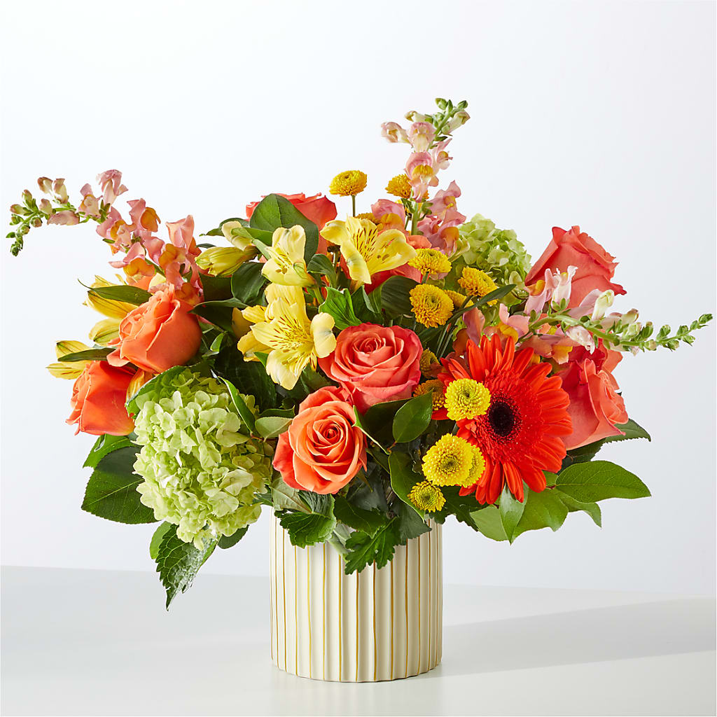 Autumn Sunshine Bouquet with Ivory Vase – Corner Flowers, Brooklyn NY